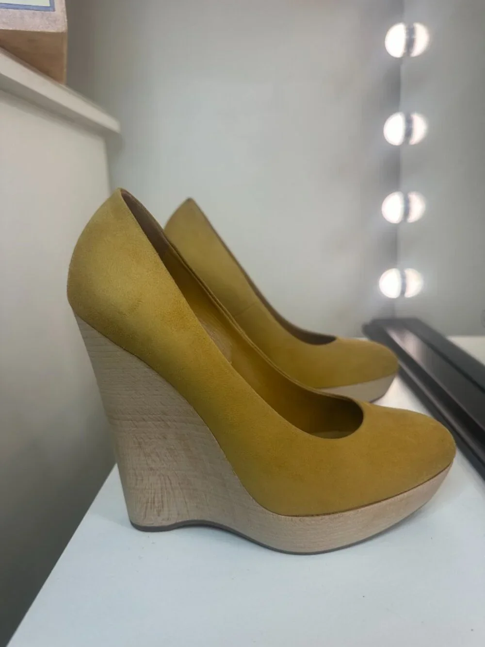 Yves Saint Laurent YSL Tribute Mustard Suede Platform Wedge Pumps, EU 36.5 / US
